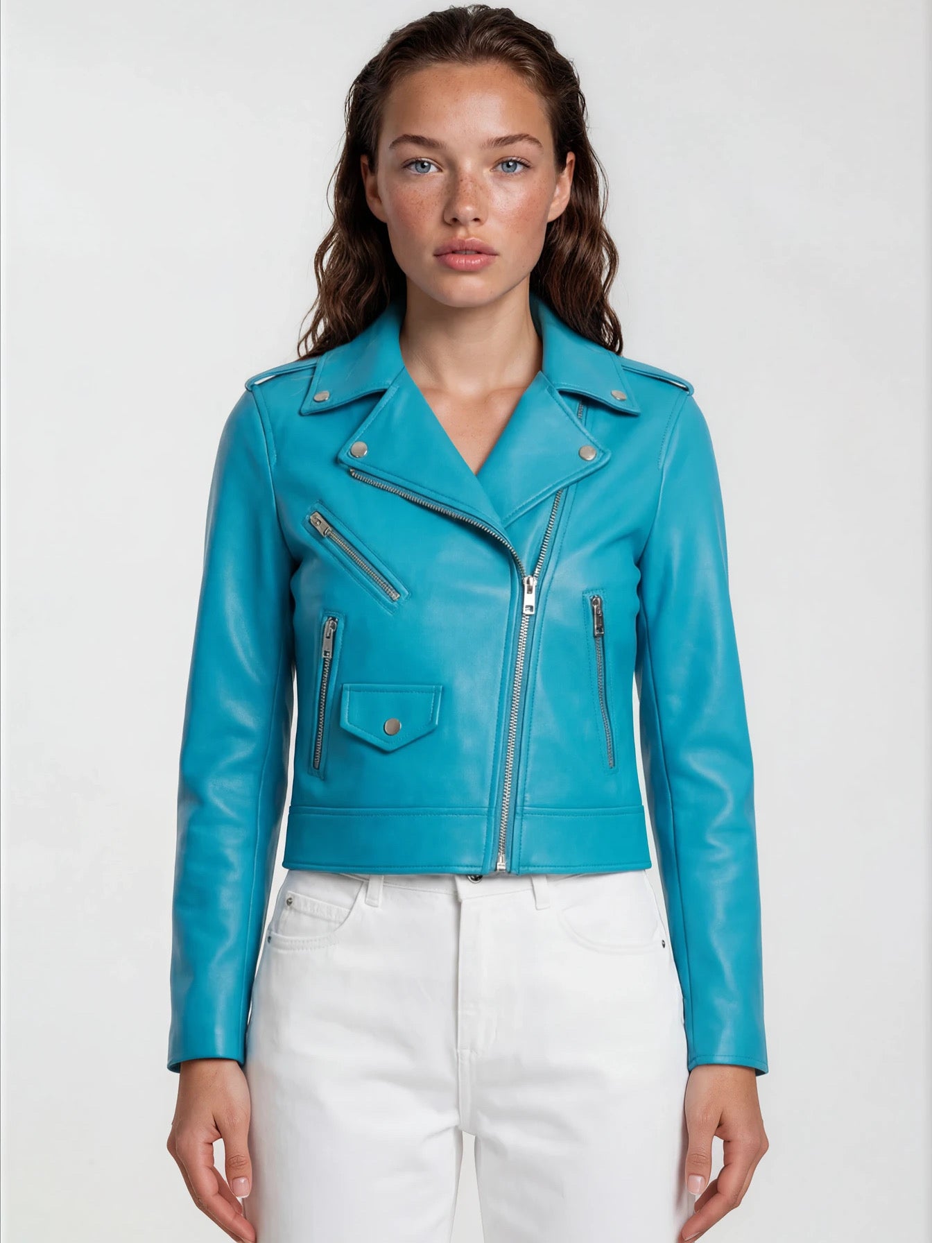 Classic Lambskin Biker Jacket - Blue Lagoon