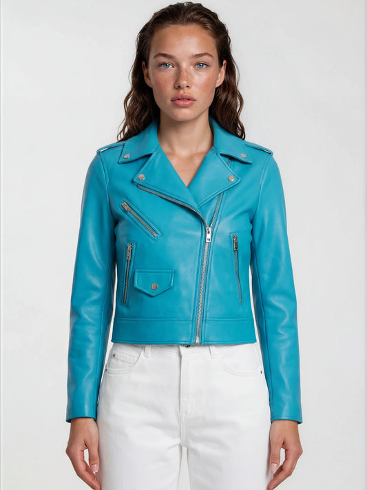 Classic Lambskin Biker Jacket - Blue Lagoon