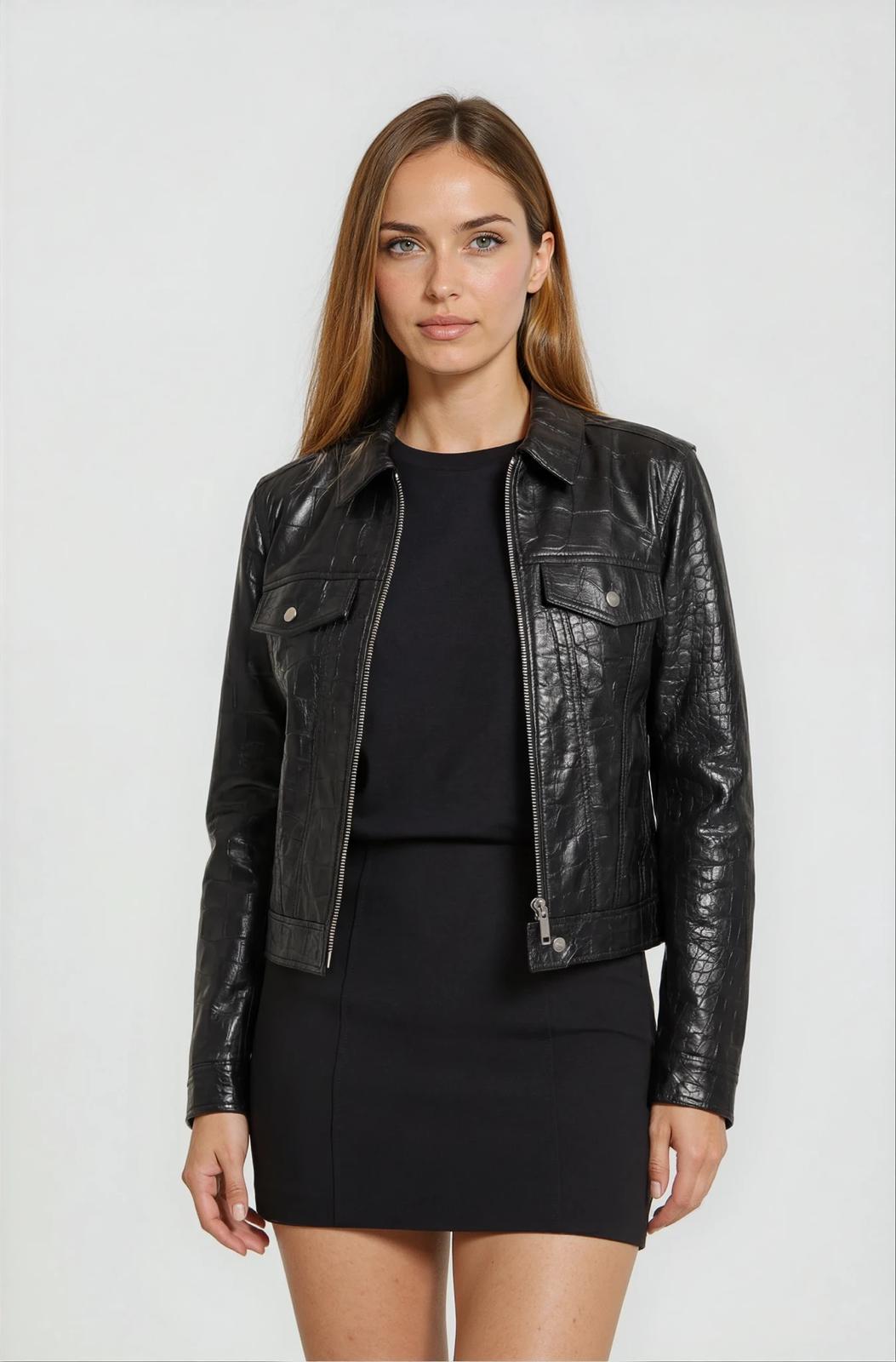 Classic Croc-Embossed Lambskin Jacket - Black