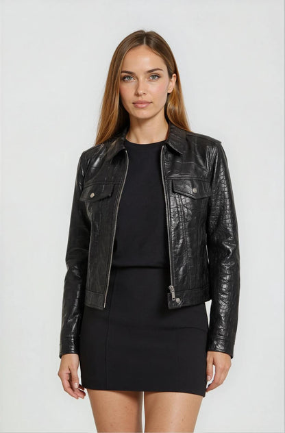 Classic Croc-Embossed Lambskin Jacket - Black