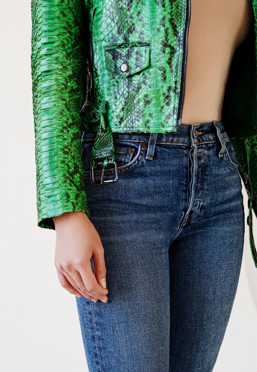 Python Leather Jacket - Green Emerald