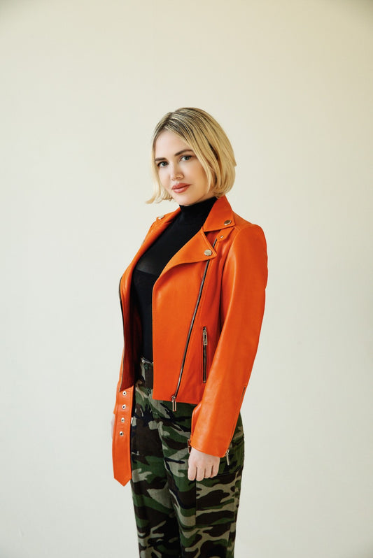 Classic Lambskin Biker Jacket - Sicilian Orange