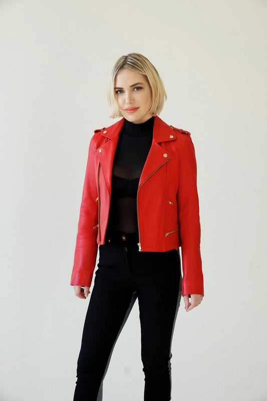 Classic Lambskin Biker Jacket - Red Rose